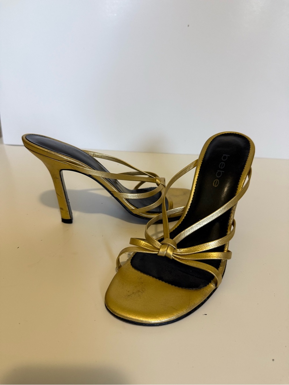 bebe Metallic Gold Strappy Knot Mule Heels